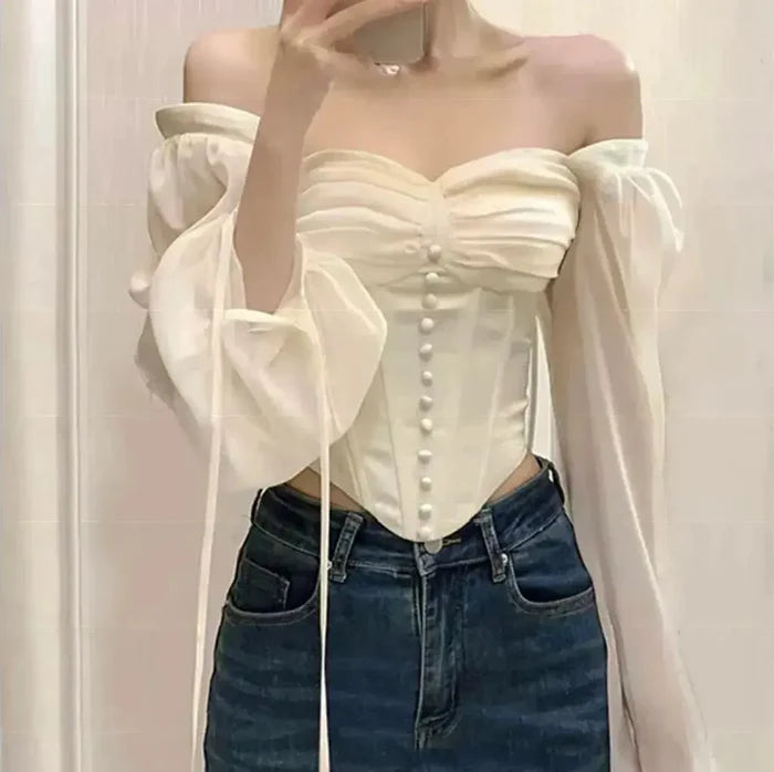 Puff Sleeve Button Corset Top fashionnsio
