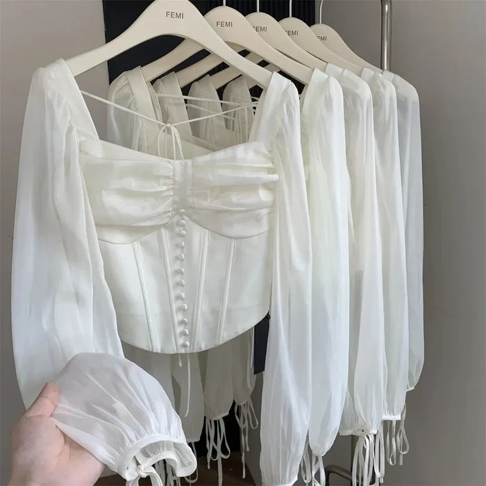 Puff Sleeve Button Corset Top fashionnsio