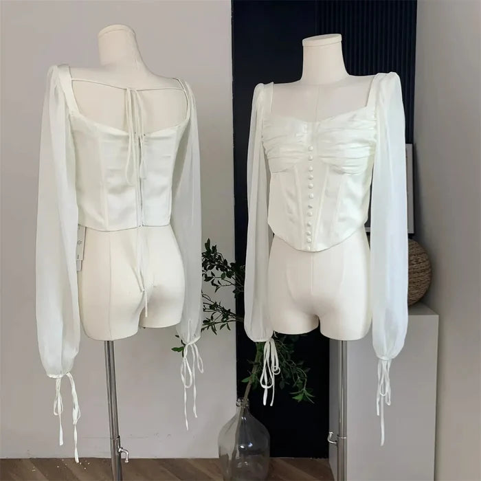 Puff Sleeve Button Corset Top fashionnsio