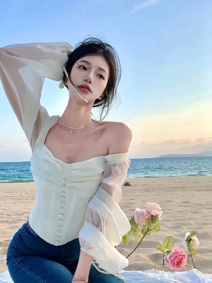 Puff Sleeve Button Corset Top fashionnsio