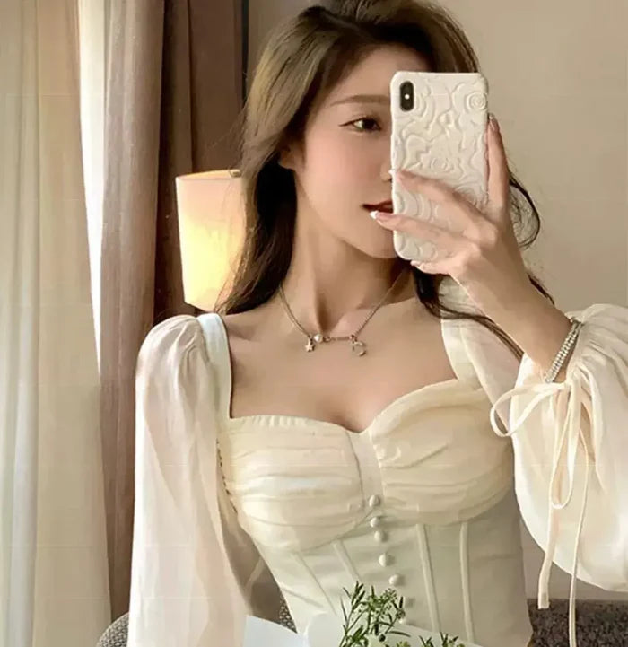 Puff Sleeve Button Corset Top fashionnsio