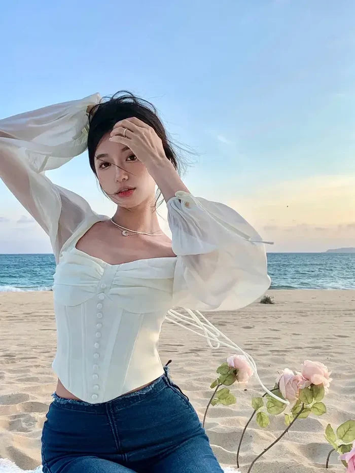 Puff Sleeve Button Corset Top fashionnsio