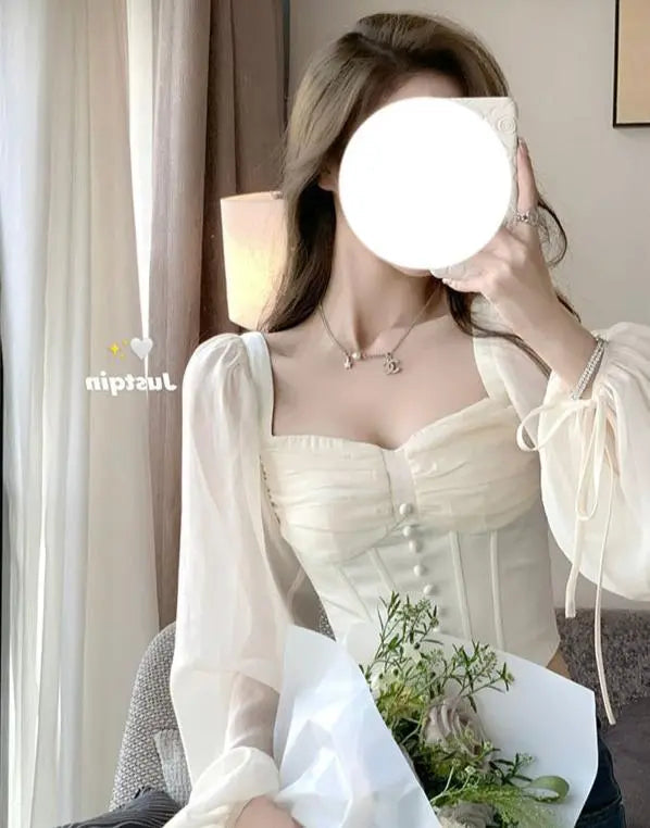 Puff Sleeve Button Corset Top fashionnsio