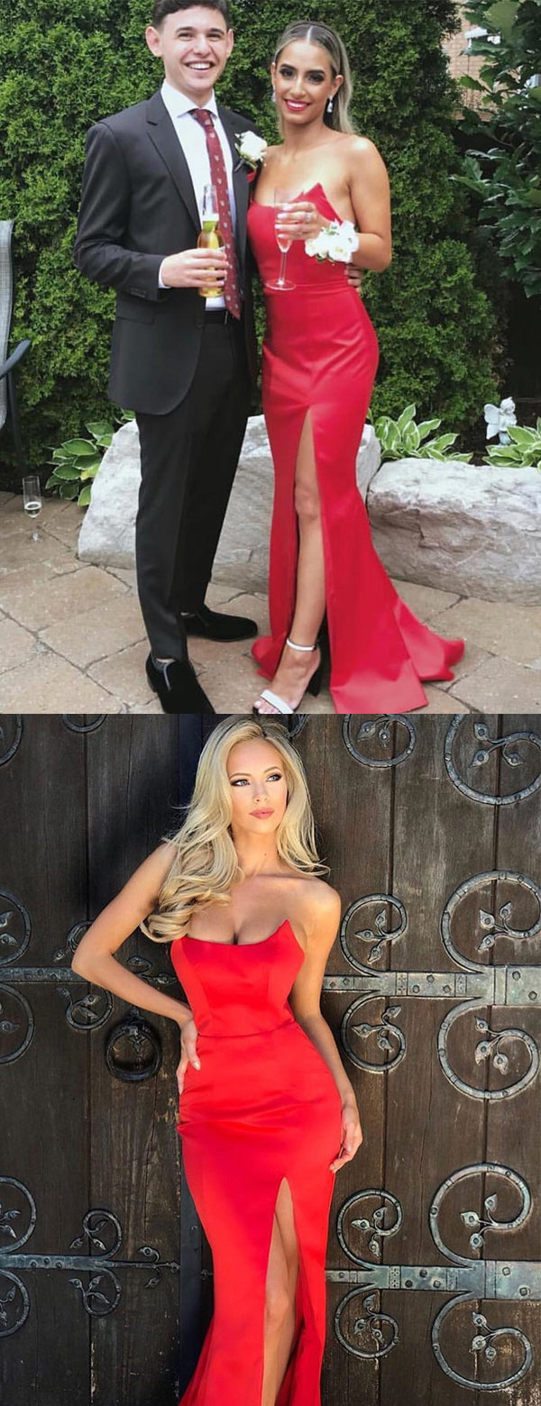 Red Satin Strapless Simple Silt Long Prom Dresses ,PD00169