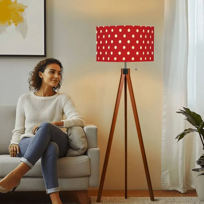 Red White Retro Tripod Floor Lamp - 50s Polka Dots Lamp Shade - retro floor lamps