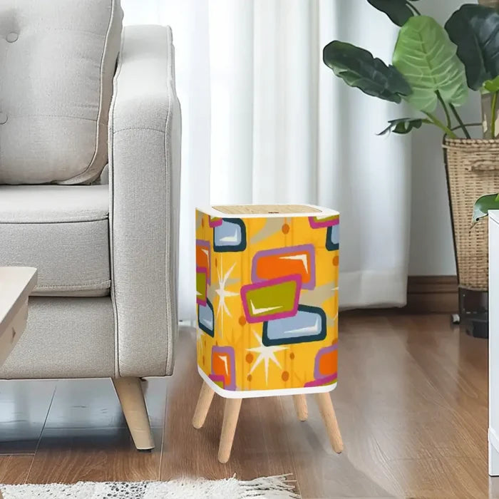 Retro 1950s Square Small Trash Can with Lid Atomic Mid Century Pattern Yellow - One Size - retro tash cans