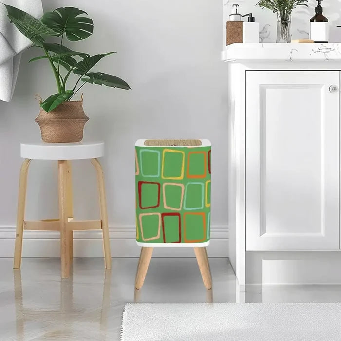 Retro 1950s Square Small Trash Can with Lid Green Squares - One Size - retro tash cans