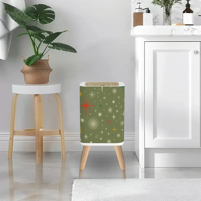 Retro 1960s Trash Can with Lid Christmas Stars Celestial Olive Green - One Size - retro tash cans