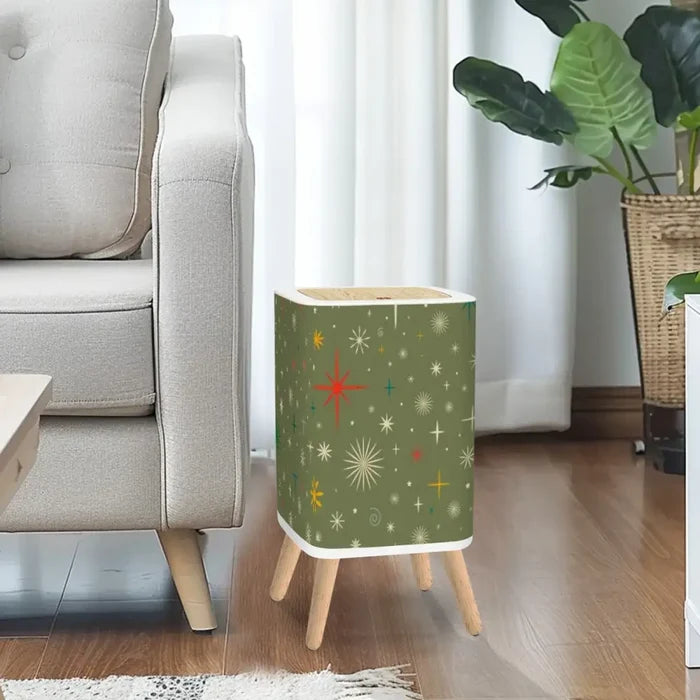 Retro 1960s Trash Can with Lid Christmas Stars Celestial Olive Green - One Size - retro tash cans
