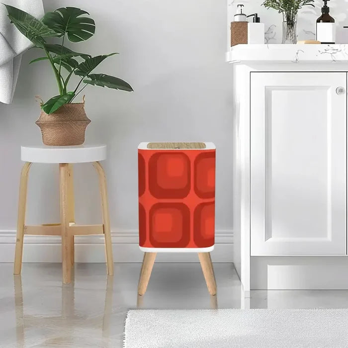 Retro 1970s Style Square Trash Can with Lid Mid Century Modern Red Geometric - One Size - retro tash cans