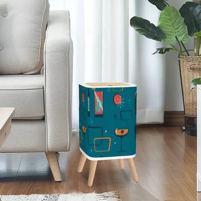 Retro 50s Small Trash Can with Lid Atomic Mid Century Pattern Blue - One Size - retro tash cans