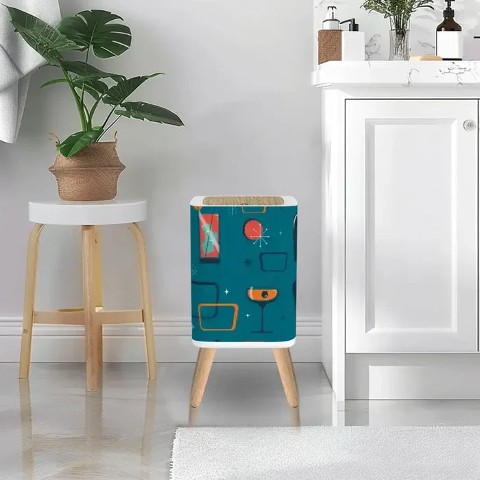 Retro 50s Small Trash Can with Lid Atomic Mid Century Pattern Blue - One Size - retro tash cans