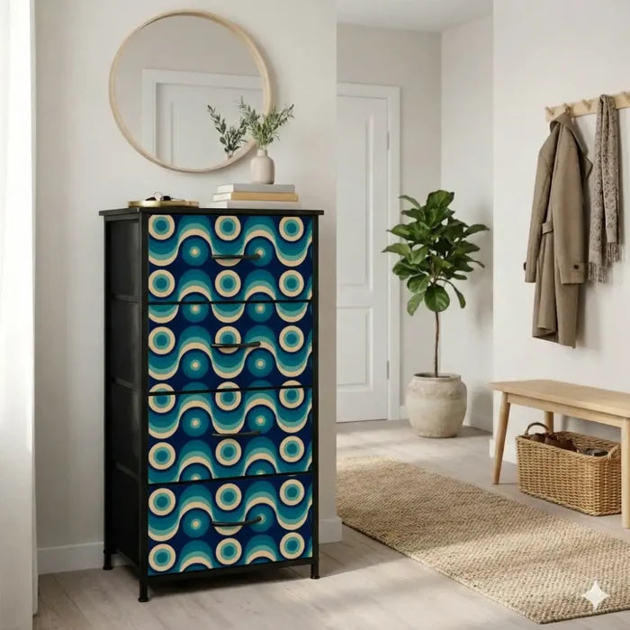 Retro 60s Blue Beige Black Fabric Drawer Dresser – MCM Steel Frame Cabinet - One Size - retro dresser