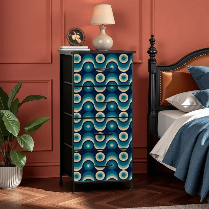 Retro 60s Blue Beige Black Fabric Drawer Dresser – MCM Steel Frame Cabinet - One Size - retro dresser