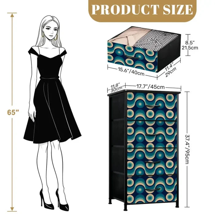 Retro 60s Blue Beige Black Fabric Drawer Dresser – MCM Steel Frame Cabinet - One Size - retro dresser