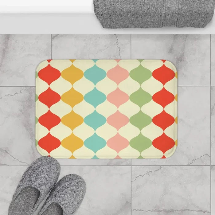 Retro 60s Geometric Pattern Bath Mat | Mid Century Colorful Tiles - retro bathroom