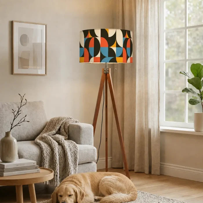 Retro 60s Geometric Tripod Floor Lamp - Wooden Scandi Midcentury Light - retro floor lamps
