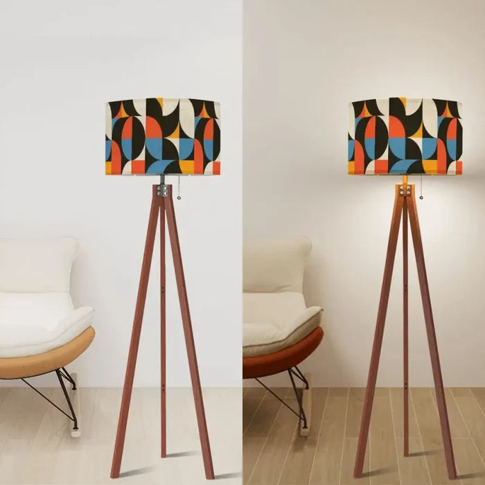 Retro 60s Geometric Tripod Floor Lamp - Wooden Scandi Midcentury Light - retro floor lamps