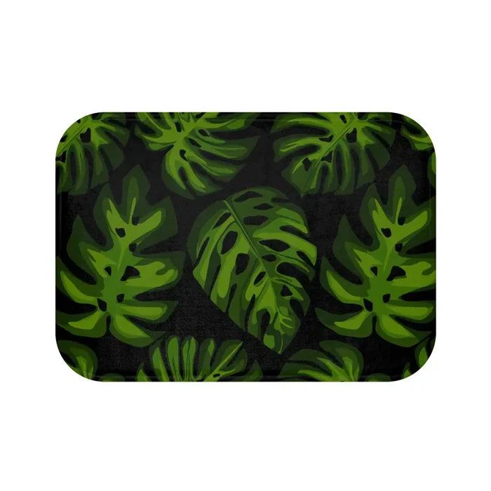 Retro 60s Monstera Pattern Bath Mat | Mid Century Black Green Decor - 24’’ × 17’’ - retro bathroom