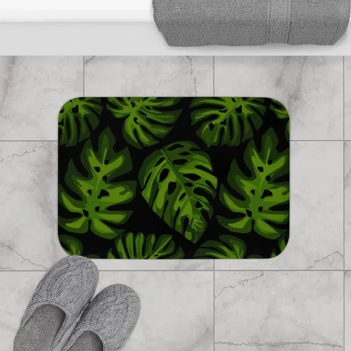 Retro 60s Monstera Pattern Bath Mat | Mid Century Black Green Decor - retro bathroom