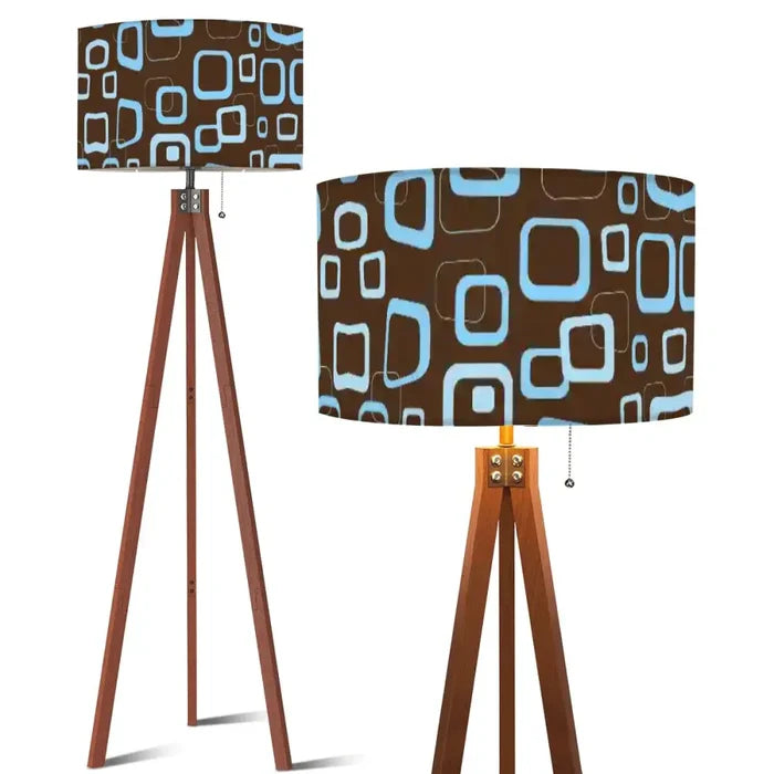 Retro 60s Scandi Tripod Floor Lamp: Brown Blue Pattern Shade Smart LED Remote - US Plug - retro floor lamps