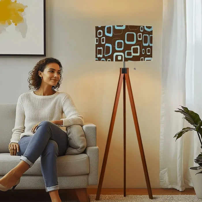 Retro 60s Scandi Tripod Floor Lamp: Brown Blue Pattern Shade Smart LED Remote - retro floor lamps