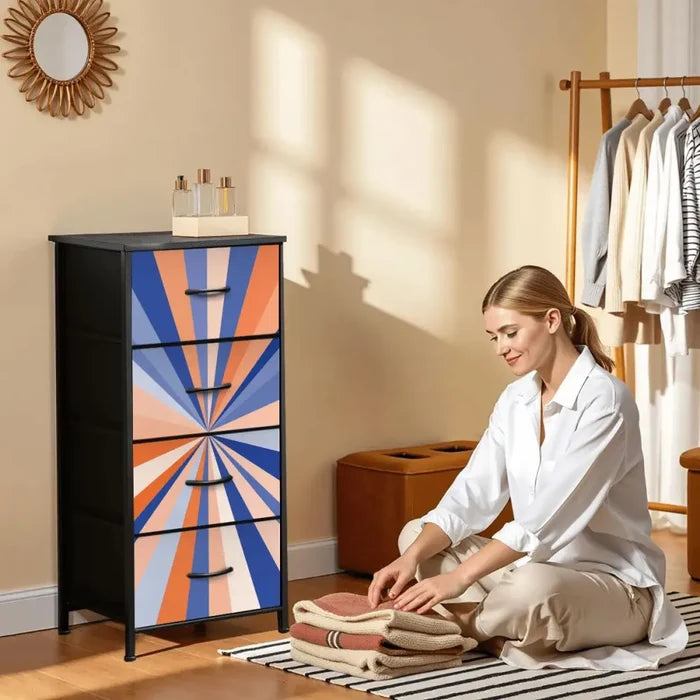 Retro 60s Sunburst Design Fabric Drawer Dresser – Steel Frame Cabinet - One Size - retro dresser