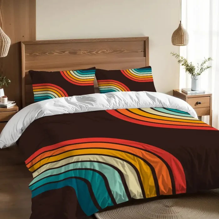 Retro 70s Black Rainbow Duvet Cover Set: Midcentury Full Size Bedding - retro bedding
