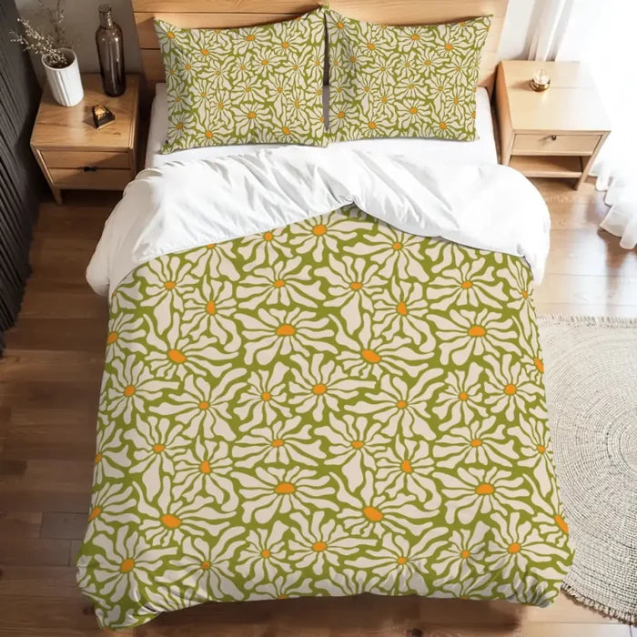 Retro 70s Daisy Pattern Duvet Cover Set: Green Orange White Floral Bedding - Bedding - retro