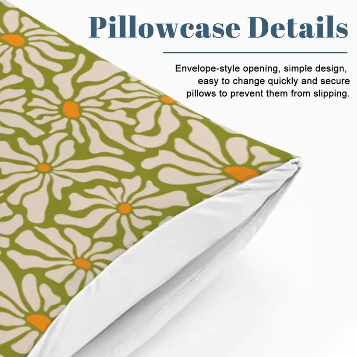Retro 70s Daisy Pattern Duvet Cover Set: Green Orange White Floral Bedding - Bedding - retro