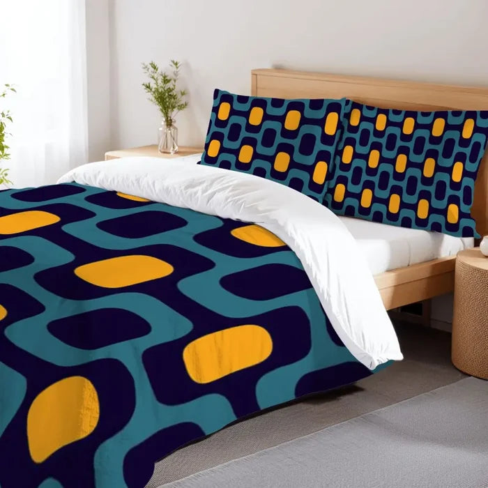 Retro 70s Double Duvet Cover Set: Midcentury Blue Yellow Microfiber Bedding - retro bedding