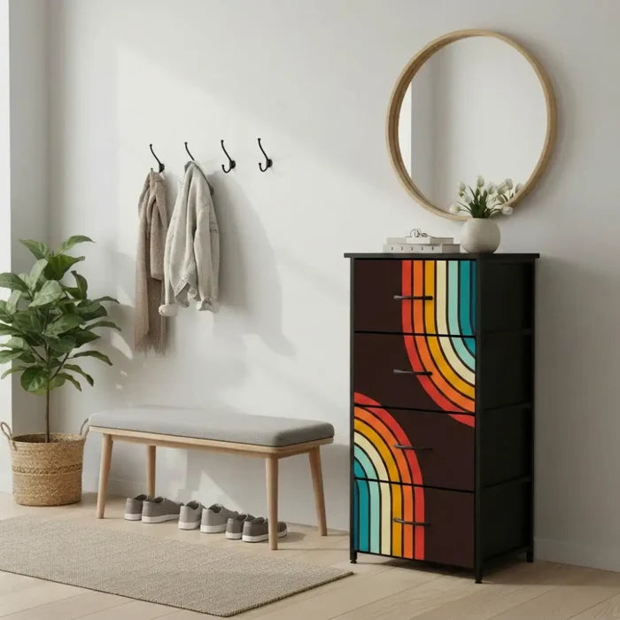 Retro 70s Fabric Dresser - Black with Rainbow Stripes Storage - retro dresser