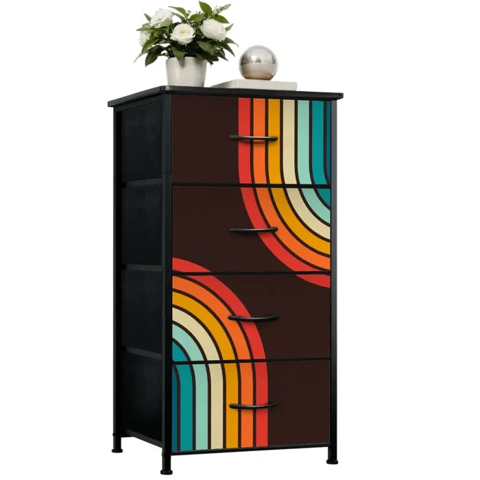 Retro 70s Fabric Dresser - Black with Rainbow Stripes Storage - retro dresser