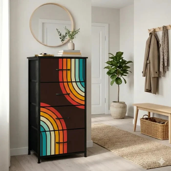 Retro 70s Fabric Dresser - Black with Rainbow Stripes Storage - retro dresser