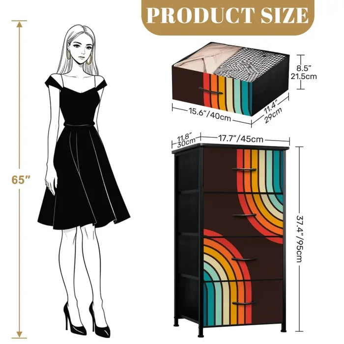 Retro 70s Fabric Dresser - Black with Rainbow Stripes Storage - retro dresser