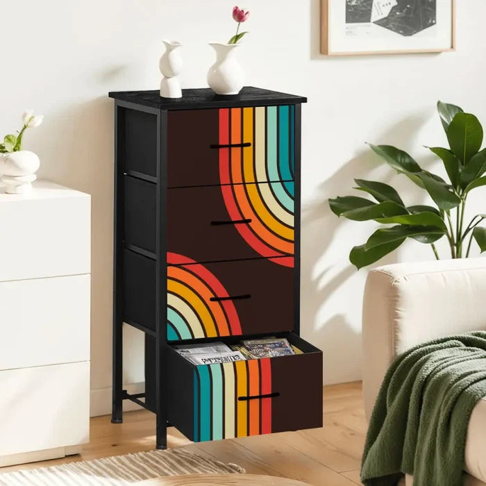 Retro 70s Fabric Dresser - Black with Rainbow Stripes Storage - retro dresser