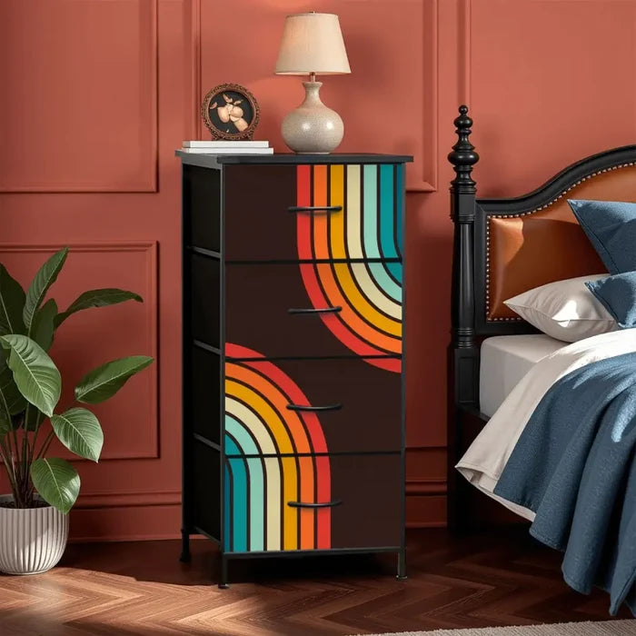 Retro 70s Fabric Dresser - Black with Rainbow Stripes Storage - retro dresser