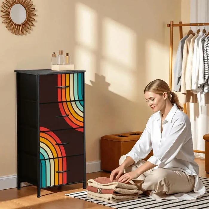 Retro 70s Fabric Dresser - Black with Rainbow Stripes Storage - retro dresser