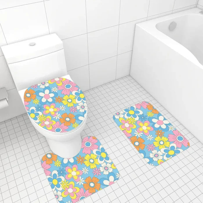 Retro 70s Hippie Flower Power Midcentury Bath Rug 3-Piece Set - One Size - retro bathroom