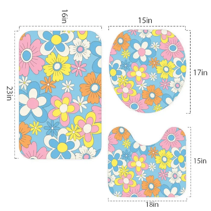 Retro 70s Hippie Flower Power Midcentury Bath Rug 3-Piece Set - One Size - retro bathroom