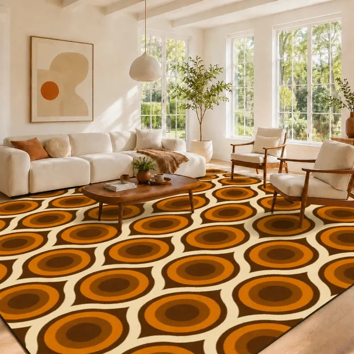 Retro 70s Peacock Area Rug: Orange Brown Non-Slip Plush 12x9 ft / 365x274 cm - retro rug