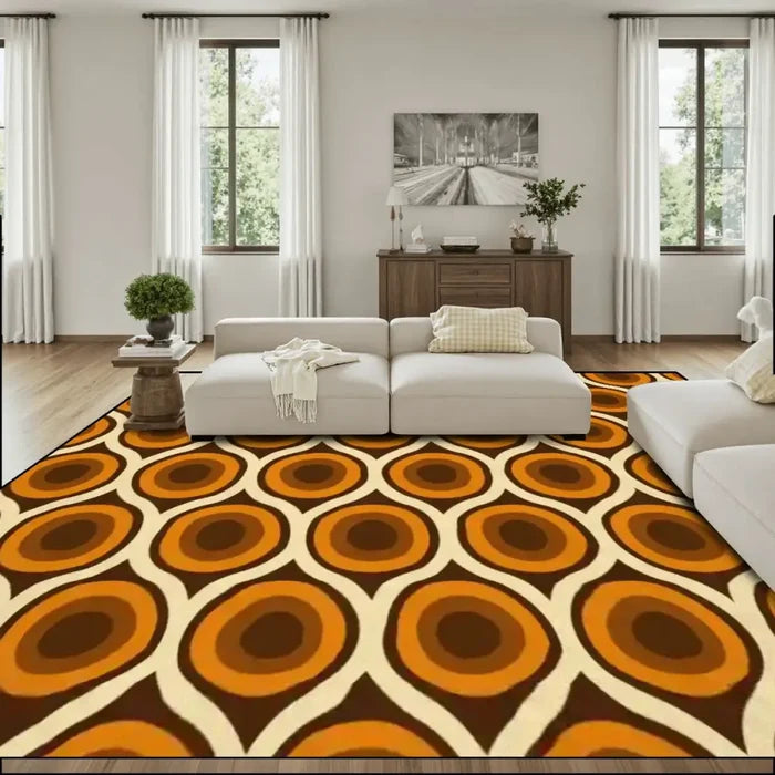 Retro 70s Peacock Area Rug: Orange Brown Non-Slip Plush 12x9 ft / 365x274 cm - 144’’x108’’ - retro rug