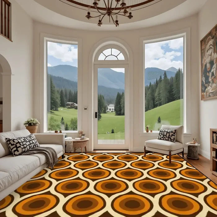 Retro 70s Peacock Area Rug: Orange Brown Non-Slip Plush 12x9 ft / 365x274 cm - retro rug