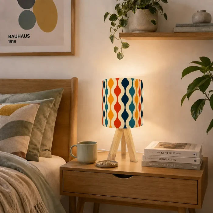 Retro 70s Table Lamp with Remote – Wooden Nordic Tripod Midcentury Light - retro table lamps