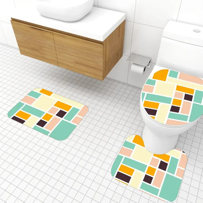 Retro Bathroom Mat Set | Retro Midcentury 3-Piece Rugs Multicolor Mosaic Tiles Pattern - One Size - retro bathroom