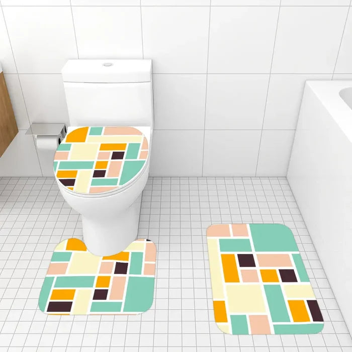 Retro Bathroom Mat Set | Retro Midcentury 3-Piece Rugs Multicolor Mosaic Tiles Pattern - One Size - retro bathroom