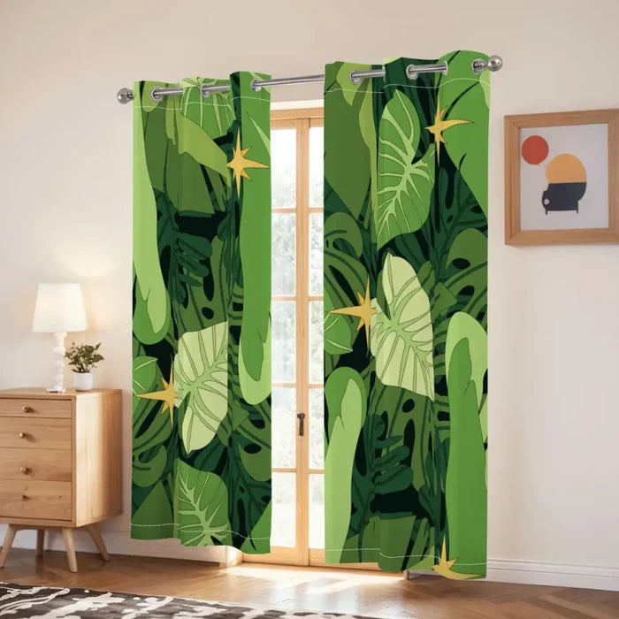 Retro Monstera Leaf Blackout Curtains: 70s Green Floral Midcentury Drapes - retro curtains