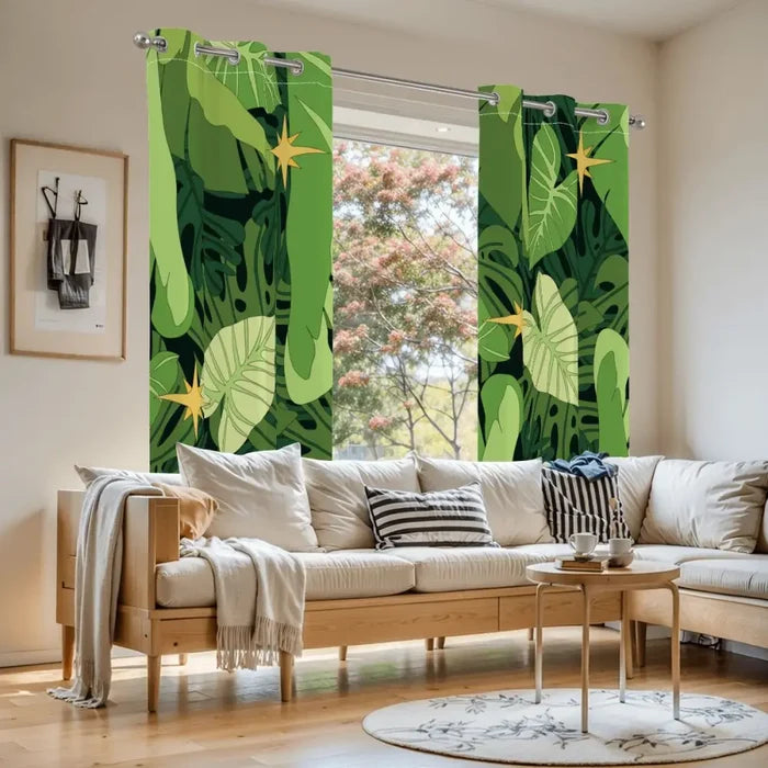 Retro Monstera Leaf Blackout Curtains: 70s Green Floral Midcentury Drapes - retro curtains