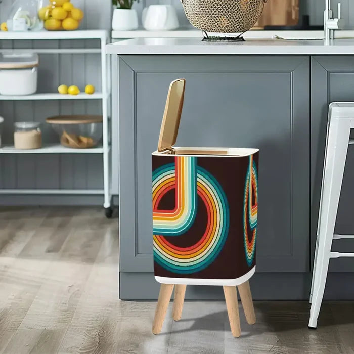 Retro Scandi Nordic Small Trash Can with Lid Geometric Rainbow Black - One Size - retro tash cans