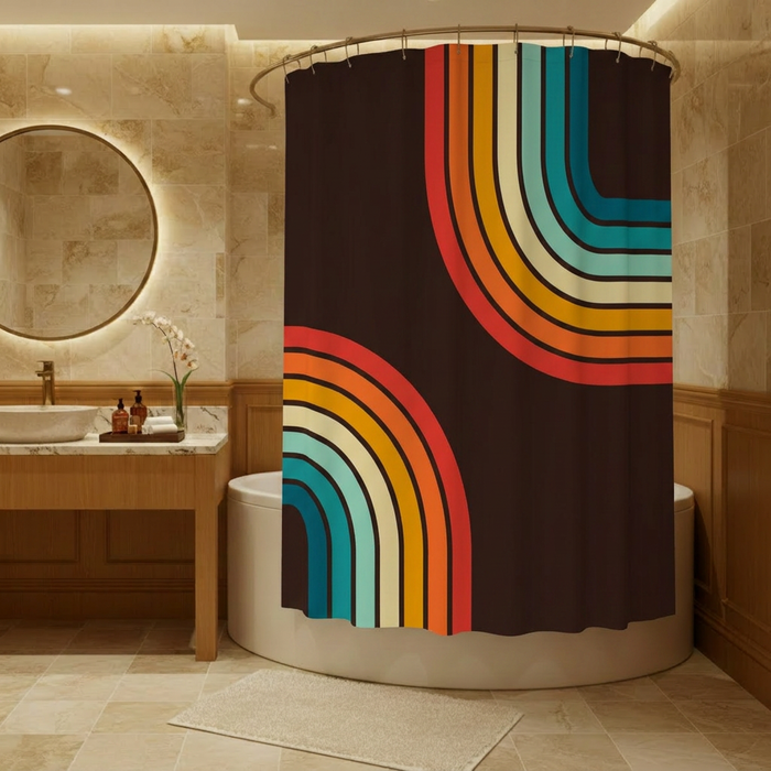 Retro Scandi Nordic Small Trash Can with Lid, Geometric Rainbow Black